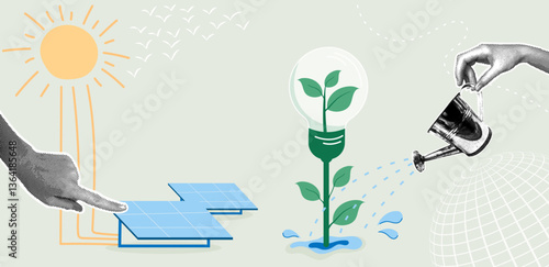 Trendy halftone collage. Renewable energy and sustainable growth concept,sustainable business,clean energy,ESG environmental social governance,safe planet concept.