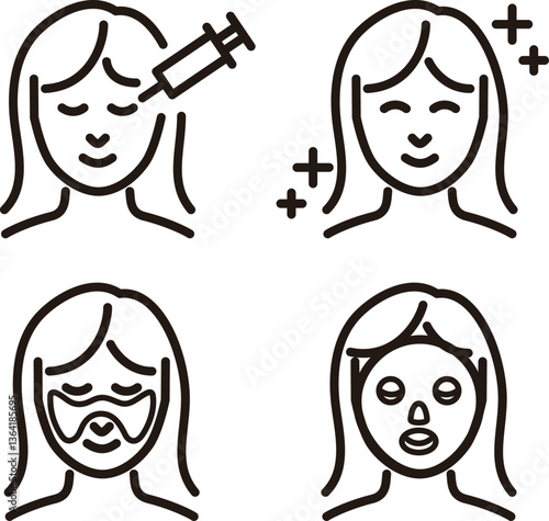 美容　肌　医療　治療　美容医療　人物　女性　ラインアイコン　線　シンプル　イラスト素材セット