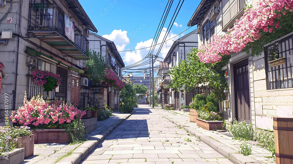 Obraz premium Picturesque Street View Of Buildings With Flowering Balconies Under A Clear Blue Sky During Daylight