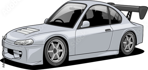 A vector illustration of a modified sports car featuring a prominent rear spoiler, intricate rims, and a streamlined silhouette that exudes dynamic elegance