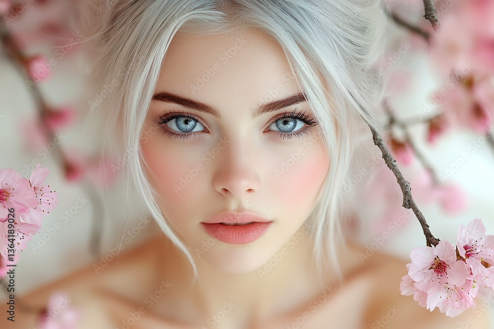Commercial digital ads creative. Spring mood, soft daylight and fog. Attractive caucasian young woman surrounded by cherry blossoms. Woman with vibrant blossoms for advertisement. Commercial digital ads creative. Spring mood, soft daylight and fog. Attractive caucasian young woman surrounded by cherry blossoms. Woman with vibrant blossoms for advertisement.