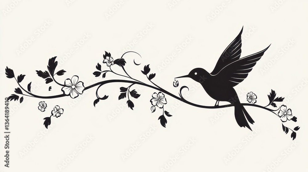 Fototapeta premium Hummingbird Floral Branch Design with Black Silhouette.