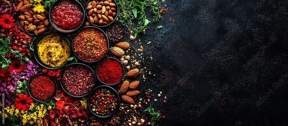 An overhead assortment of herbs spices nuts sauces and flowers An overhead assortment of herbs spices nuts sauces and flowers
