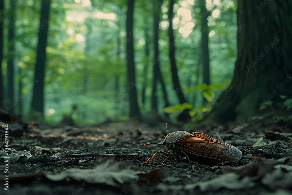 Obraz premium Solitary Cicada Resting on Forest Floor Amidst Verdant Woodlands