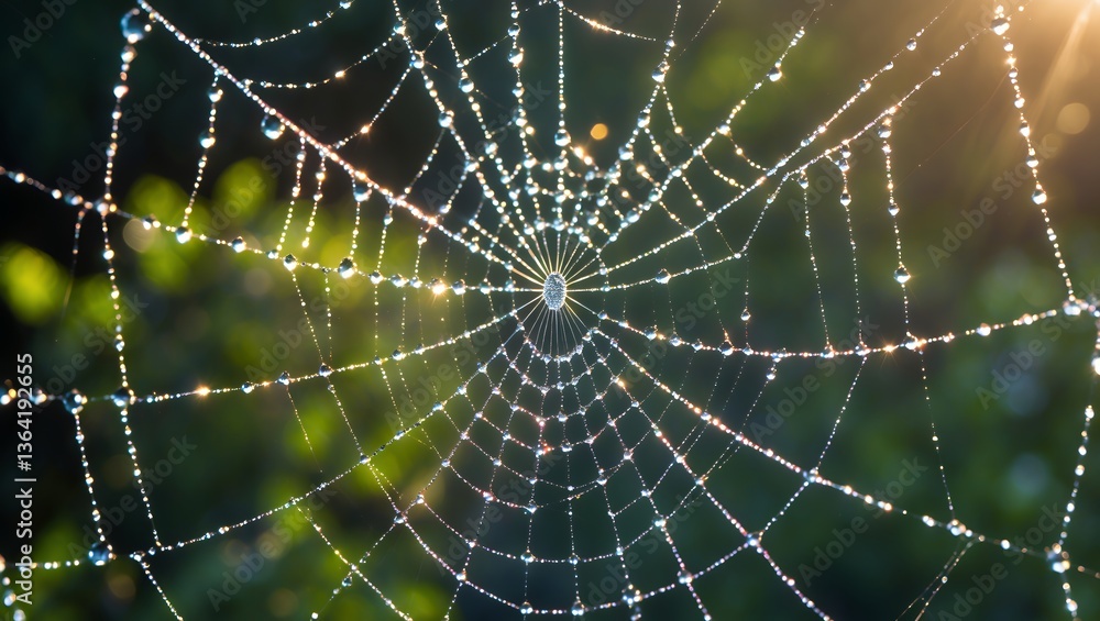 Naklejka premium Detailed macro shot of a spider's web glistening with water droplets, sunlight