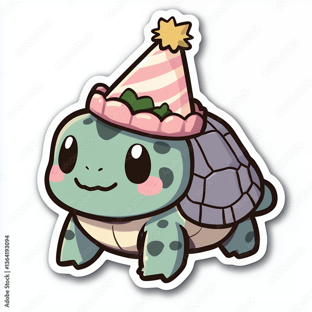 Fototapeta premium Adorable Cartoon Turtle in Pink Party Hat