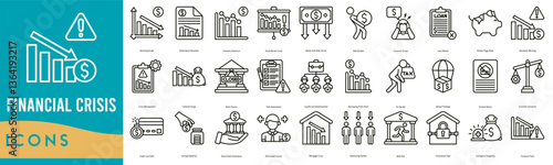 Financial Crisis Icon set. Declining Graph, Bankruptcy Document, Economic Downturn, Stock Market Crash, Money with Down Arrow and Debt Burden