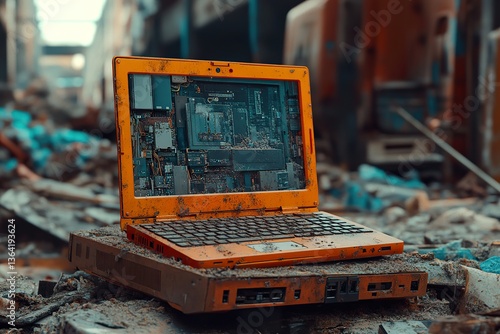 An open laptop computer displays its internal components in disrepair