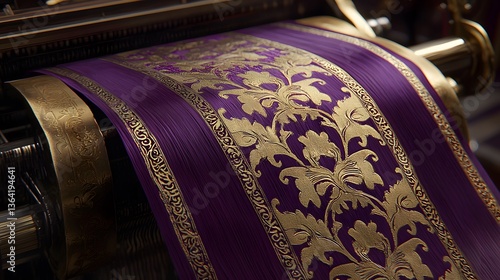 Luxurious Purple Fabric with Gold Embroidered Detail on Antique Loom