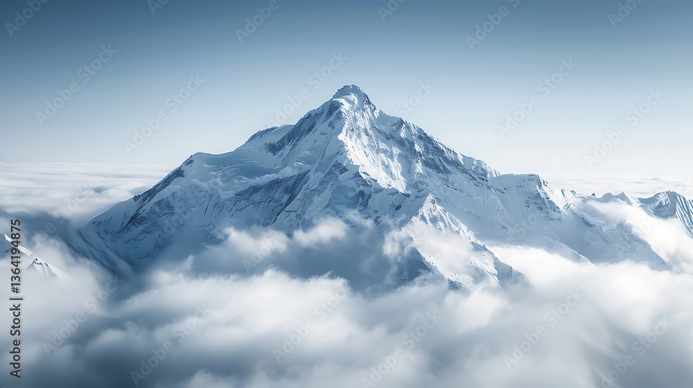 A majestic mountain peak covered in snow, standing tall above the clouds A majestic mountain peak covered in snow, standing tall above the clouds