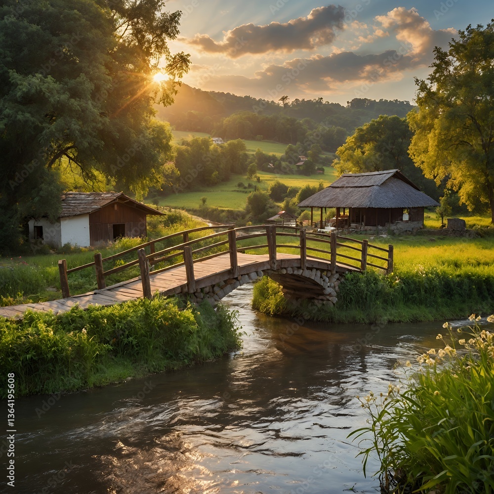 Fototapeta premium Wooden bridge over a river. Buildings, trees, and sunlight create a peaceful scene