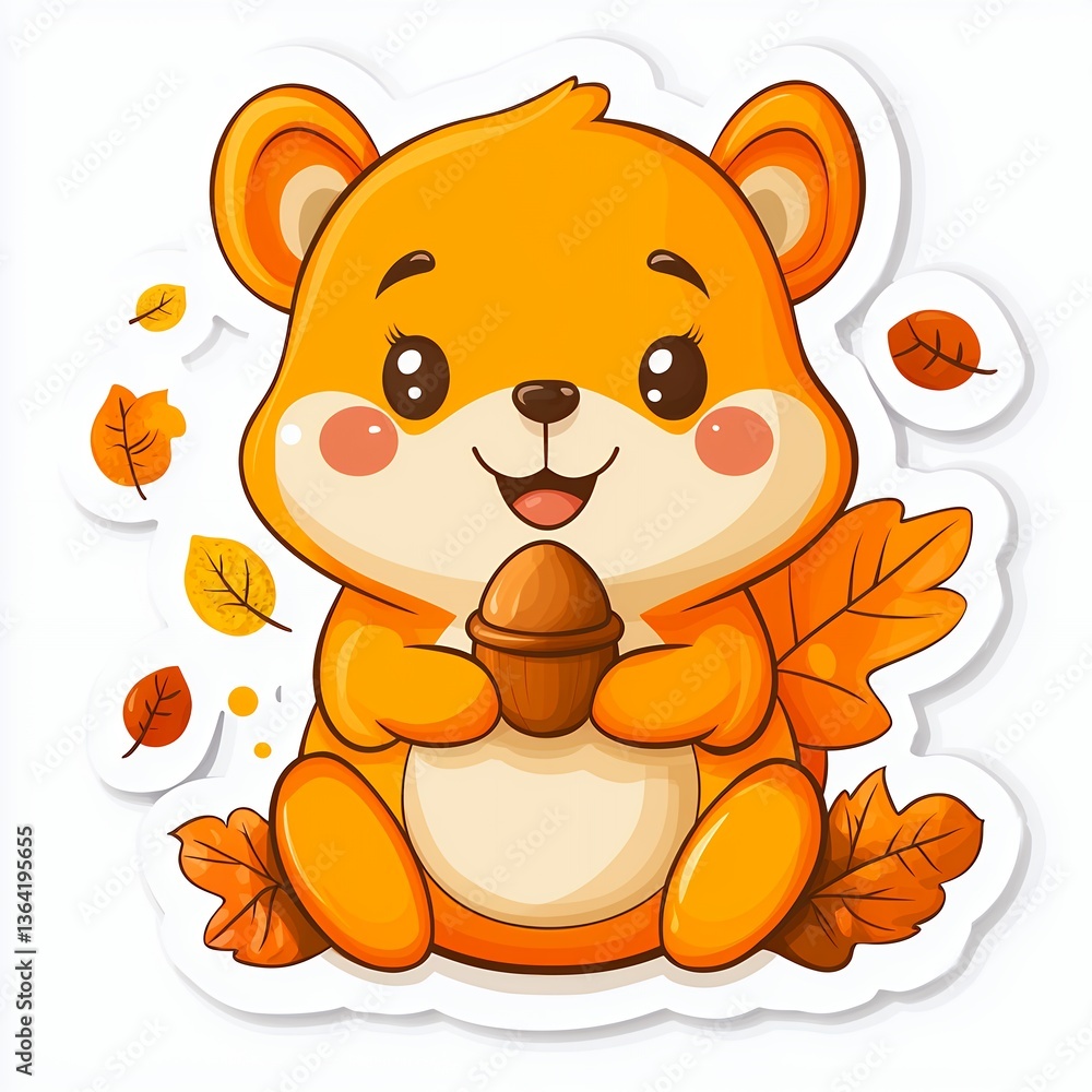 Obraz premium Adorable Orange Cartoon Squirrel with Acorn and Autumn Leaves