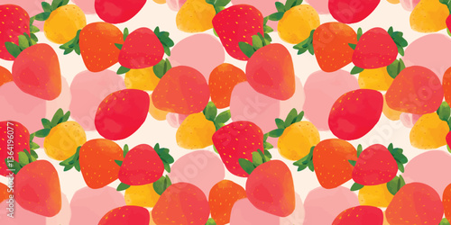 A vibrant collection of fresh strawberries, artfully arranged against a backdrop of abstract color, conjuring feelings of summer. 