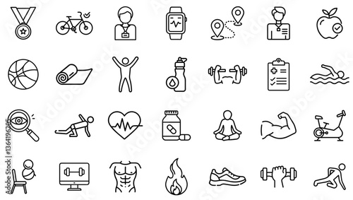 Fitness and Healthy Lifestyle Icons Set – Exercise, Gym, Sports, Wellness, Workout Plans, Nutrition, Mental Health, Strength Training, Cardio, Yoga, and Physical Activity Line Icons