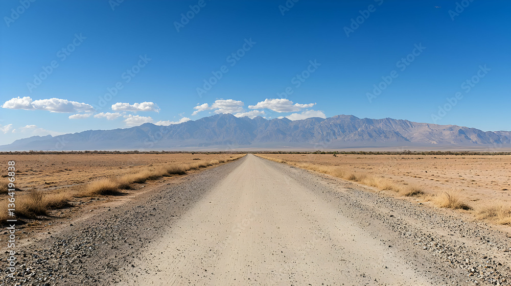 Straight Dirt Road Leading To Distant Mountain Range Under Clear Blue Sky in Dry Desert Landscape Straight Dirt Road Leading To Distant Mountain Range Under Clear Blue Sky in Dry Desert Landscape