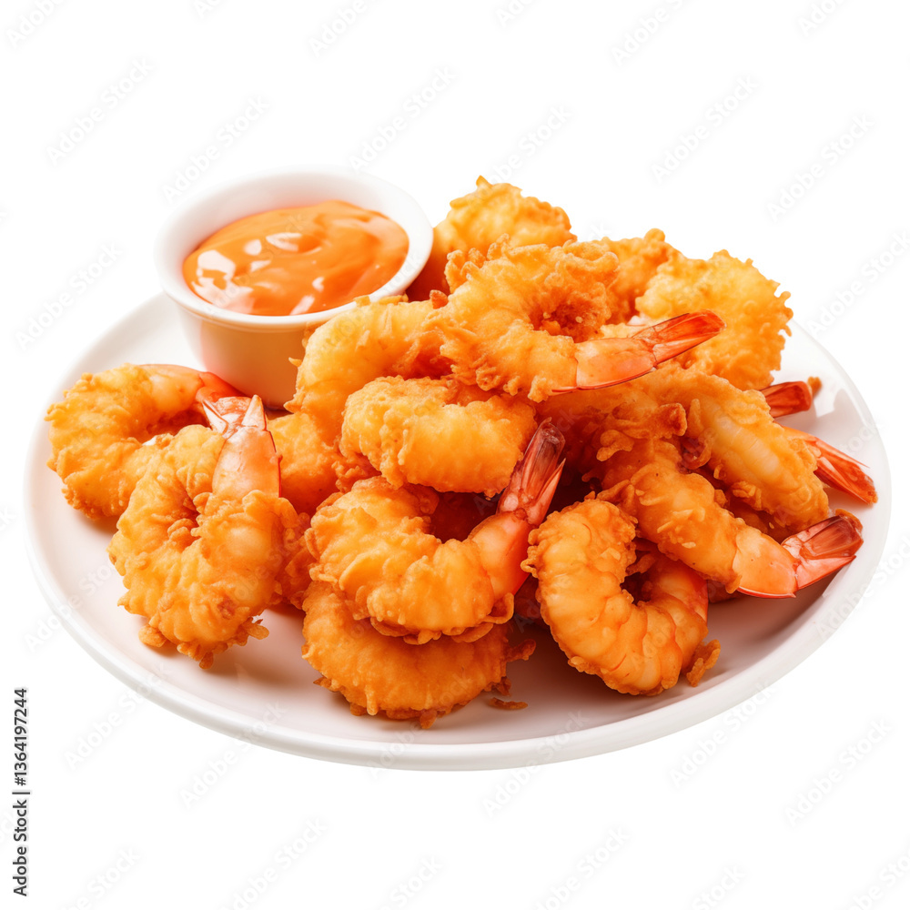 Crispy fried shrimp served on white plate with dipping sauce, perfect for seafood menu concept, isolated on transparent background Crispy fried shrimp served on white plate with dipping sauce, perfect for seafood menu concept, isolated on transparent background
