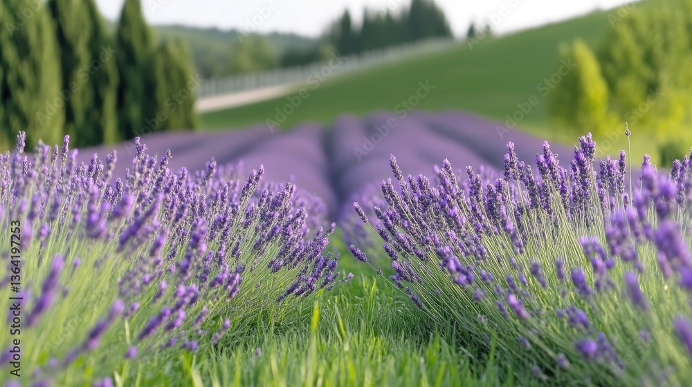 Obraz premium Lavender field stretching into distance. Lush purple blossoms contrasted with vibrant green grass and trees. Sunlight highlights the vibrant hues
