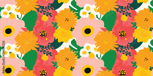 A vibrant floral display showcasing a cheerful medley of blooms in a harmonious, color-rich arrangement. This illustration's design brings joy, with a textured feel.