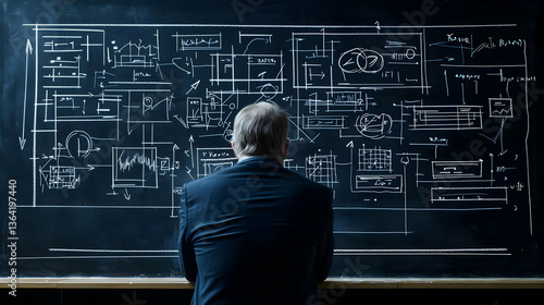 Man In Dark Suit Facing Blackboard Full Of Equations