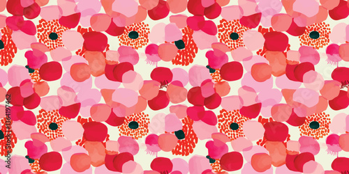 A vibrant floral pattern in watercolor style, exploding with bright reds and pinks, arranged in a repeating design on a smooth canvas. 