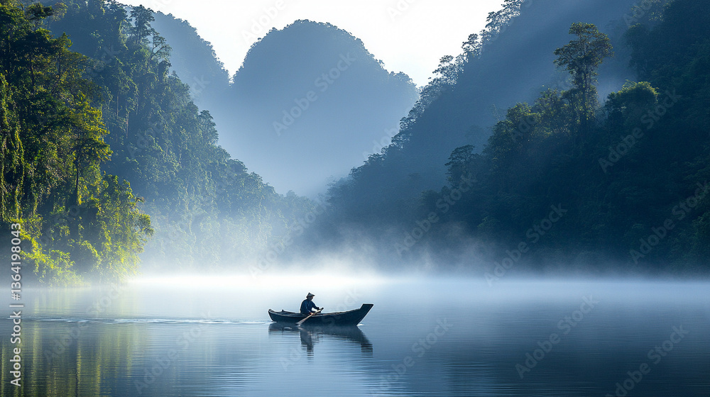 Fototapeta premium A serene scene of a fisherman’s boat drifting on a calm river at dawn, with the peaceful water reflecting the soft morning light. The river canal in the background showcases the tranquil beauty of As