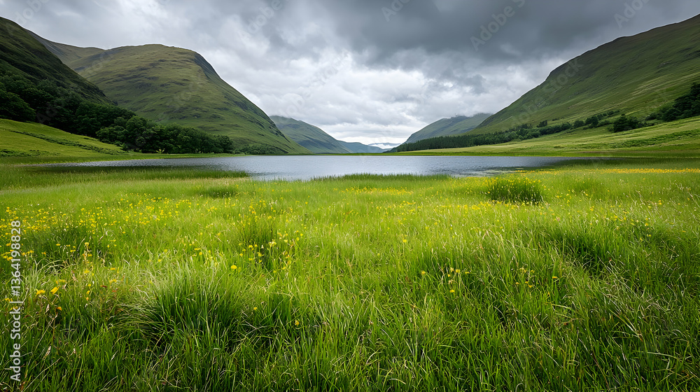 Fototapeta premium Picturesque Landscape of a Lush Green Meadow Bordered by Rolling Hills and a Calm Lake Under a Cloudy Sky