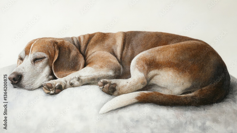 Peaceful senior beagle curled up on a soft surface, its weathered features resting gently against a white background Peaceful senior beagle curled up on a soft surface, its weathered features resting gently against a white background