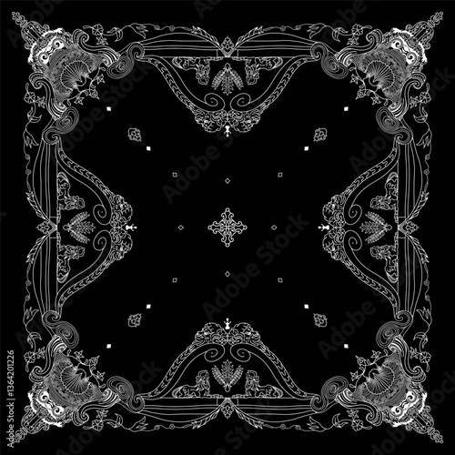 Bandana black and white with ornate design, ornate Gothic pattern, natural motifs vines, floral, abstract art design. For silk neck scarf or kerchief square pattern design.