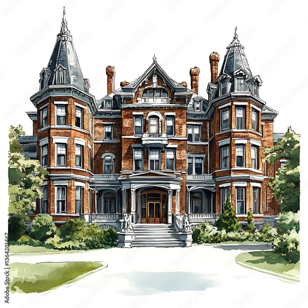 Fototapeta premium Majestic Brick Mansion A Detailed Architectural Illustration. This illustration showcases a grand, turreted brick house with lush landscaping.