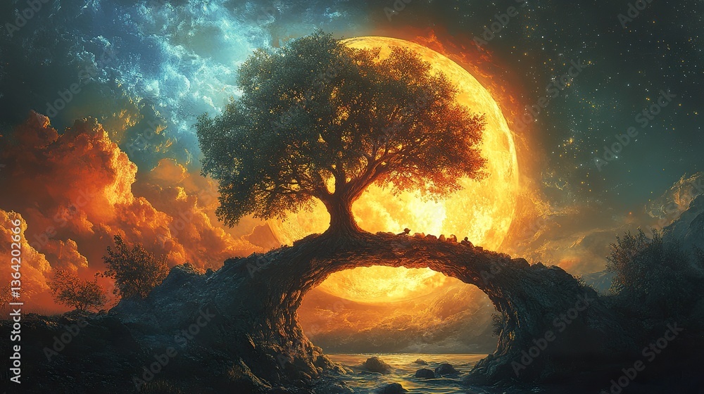 Obraz premium A solitary tree and a glowing moon in the night sky