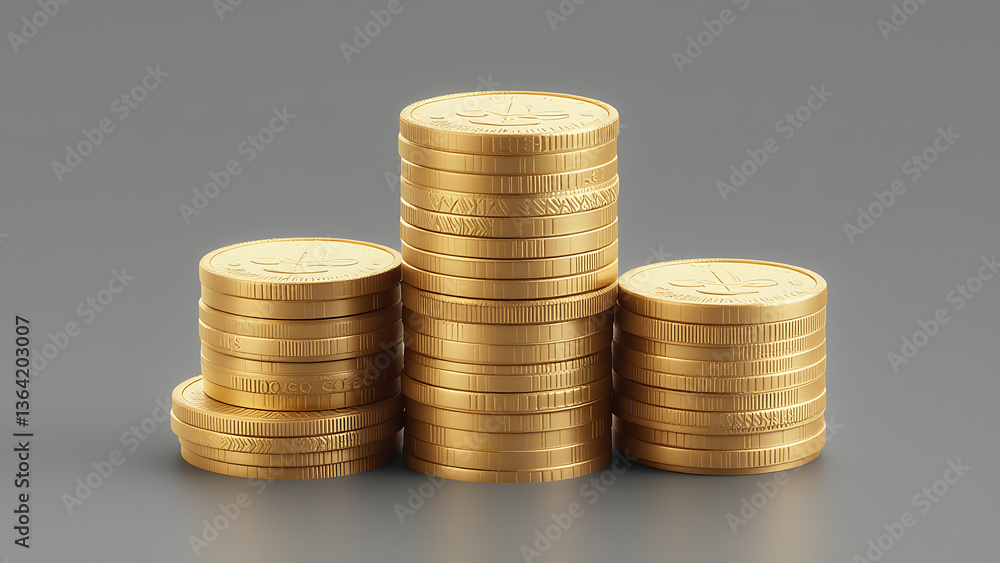 Stacks of Shiny Gold Coins Forming a Mountain on a Smooth Gray Background in an Abstract Financial Concept Stacks of Shiny Gold Coins Forming a Mountain on a Smooth Gray Background in an Abstract Financial Concept