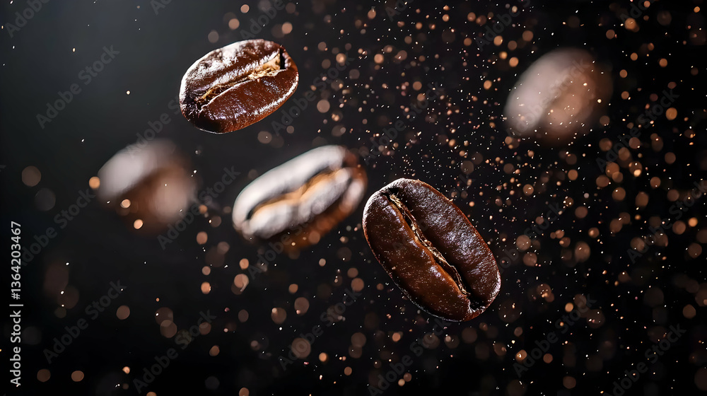 Macro Shot Of Roasted Coffee Beans With Sparkling Particles Against Black Background Macro Shot Of Roasted Coffee Beans With Sparkling Particles Against Black Background