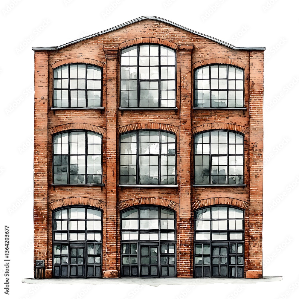 Obraz premium Architectural Illustration of a Brick Building with Large Windows. This detailed image showcases a three-story brick structure with prominent arched windows.