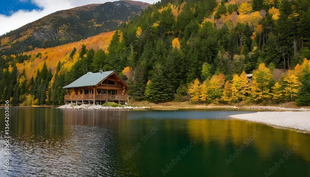 Fototapeta premium A Mirror-Like Reflection of an Autumn Forest and Mountain in a Lake