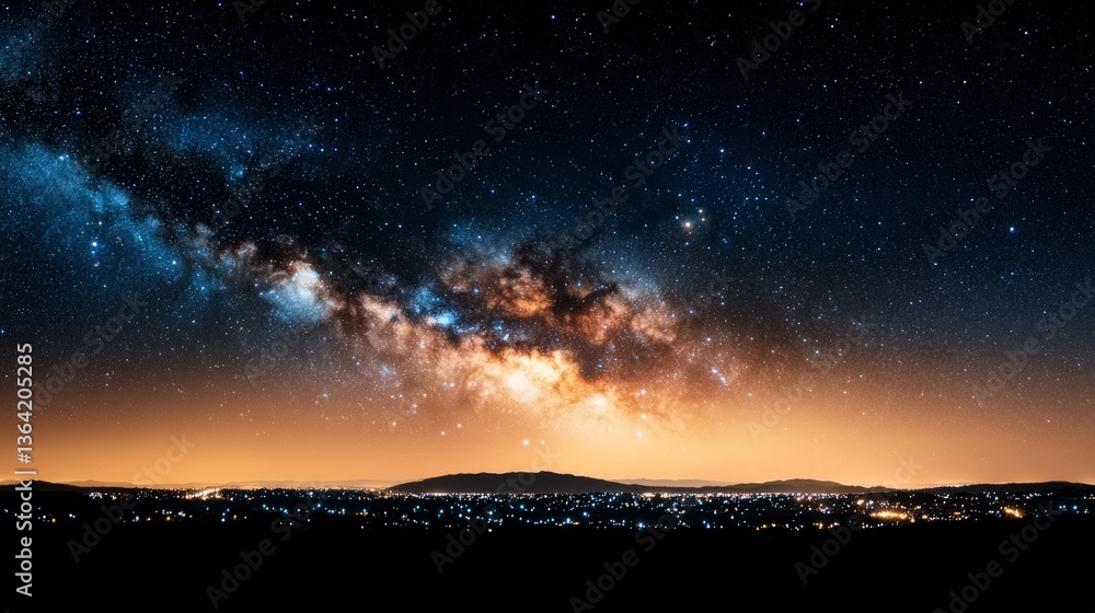 Naklejka premium Milky Way Galaxy over City Lightscape Night Sky Panorama