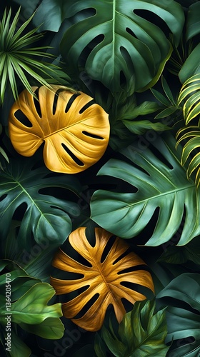 Wallpaper Mural  Lush Tropical Greenery with Vibrant Yellow Monstera Leaves Torontodigital.ca