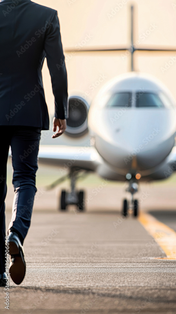 Fototapeta premium businessman walks confidently towards aeroplane, showcasing sense of purpose and determination. This moment captures essence of travel and opportunity in business world