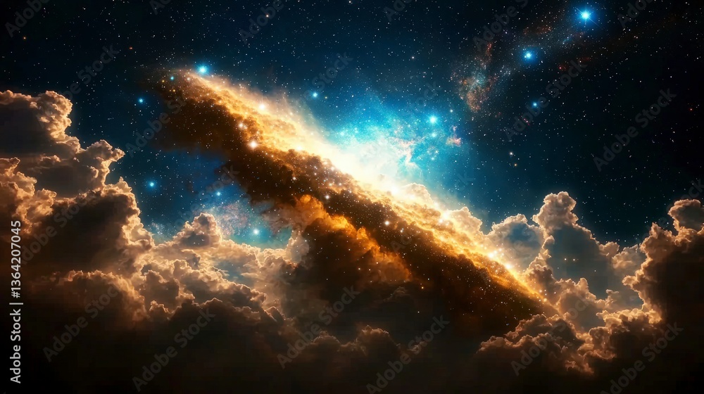 Obraz premium Celestial Cloudscape Golden Galaxy Over Dramatic Clouds
