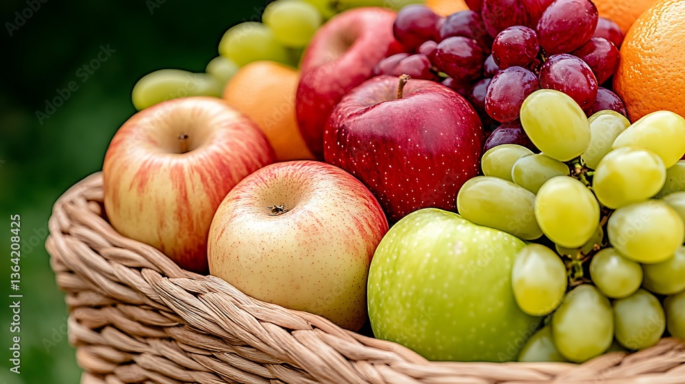 A basket full of delicious and fresh colorful fruits displayed A basket full of delicious and fresh colorful fruits displayed