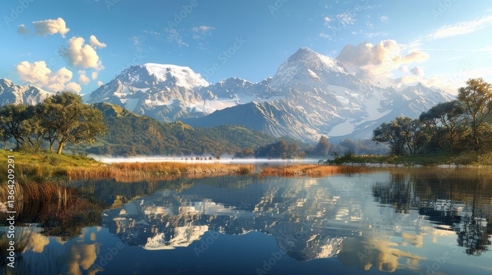 Obraz premium Serene Mountain Landscape with Reflection in Calm Lake Waters