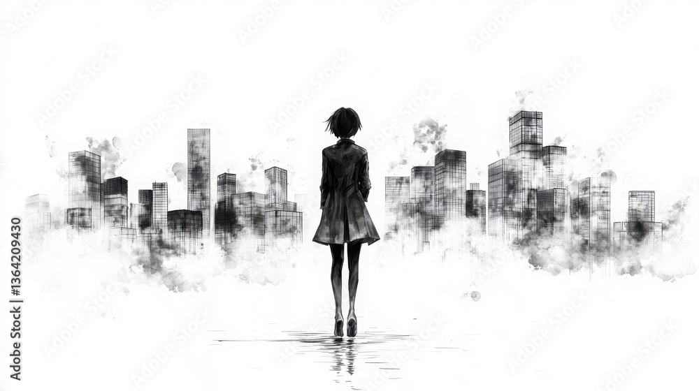 Woman performing parkour in front of a city skyline with urban landscape in the background Woman performing parkour in front of a city skyline with urban landscape in the background