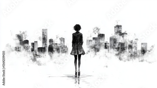 Woman performing parkour in front of a city skyline with urban landscape in the background