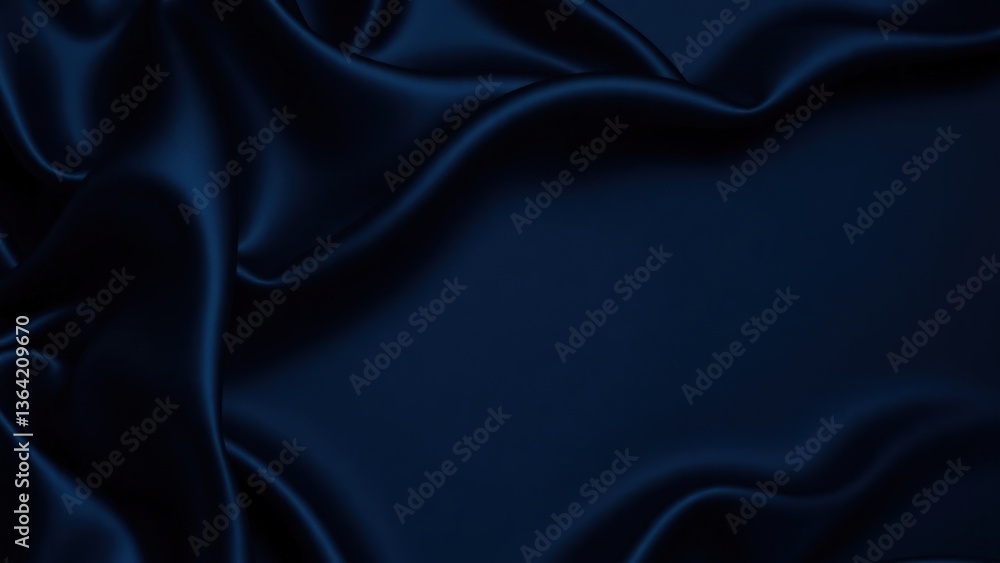 Black blue silk, satin. Shiny fabric surface. Beautiful wavy folds. Dark elegant background with space for design. Web banner.