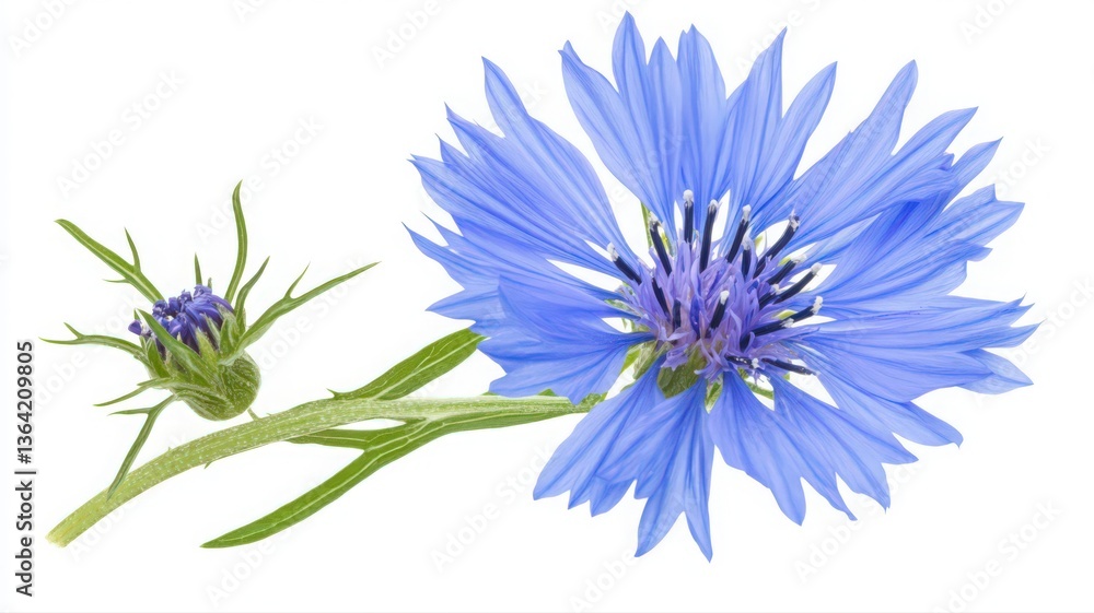 Obraz premium Light Blue Cornflower and Bud Close-up on White Background