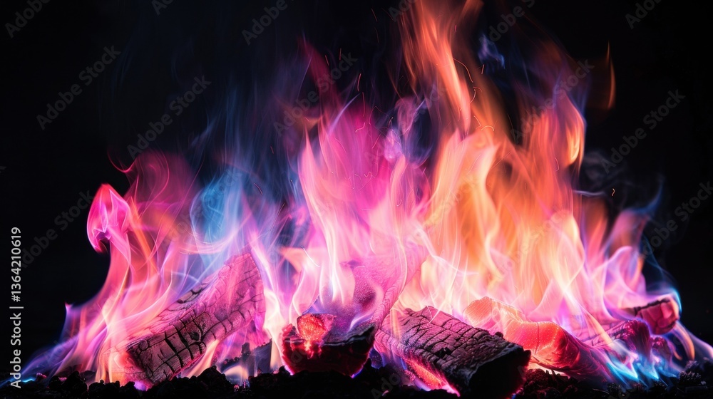 Fototapeta premium Vibrant Flames and Colorful Glow of a Cozy Fire in Dark Background