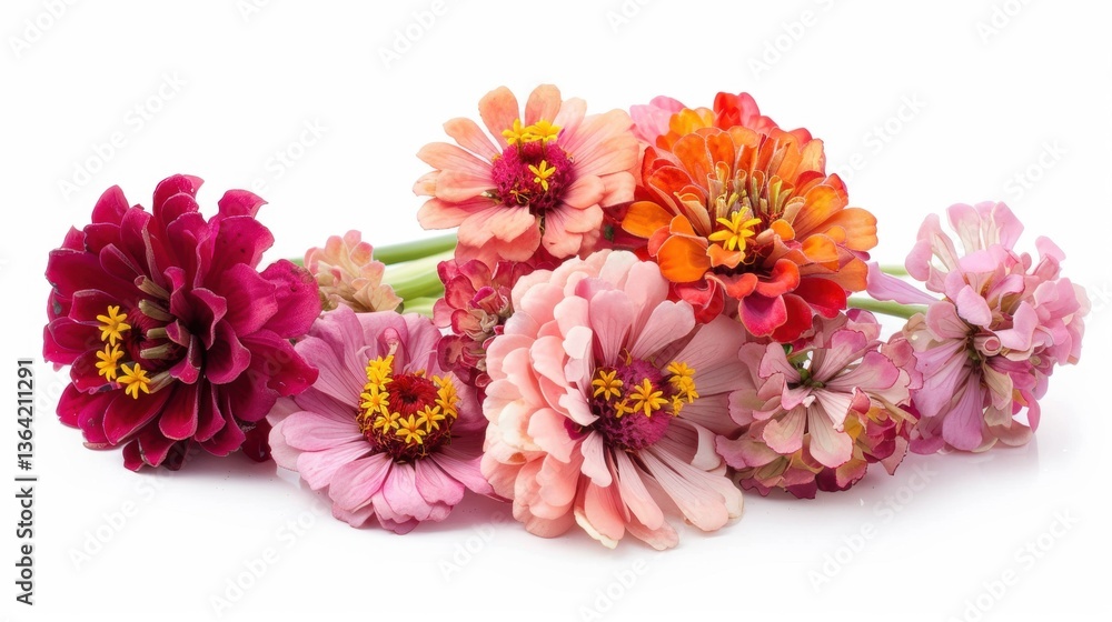 Fototapeta premium Colorful Zinnia Flowers Arranged on a White Background