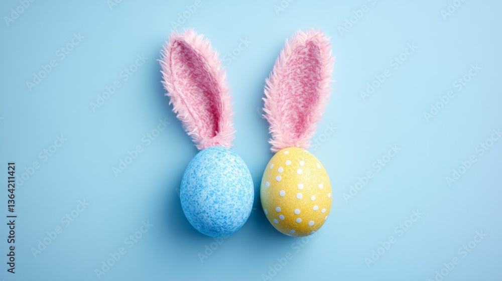 concept easter celebration , flatlay easter eggs and bunny ears on blue background , easter card concept easter celebration , flatlay easter eggs and bunny ears on blue background , easter card