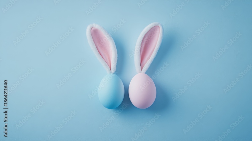 Obraz premium concept easter celebration , flatlay easter eggs and bunny ears on blue background , easter card