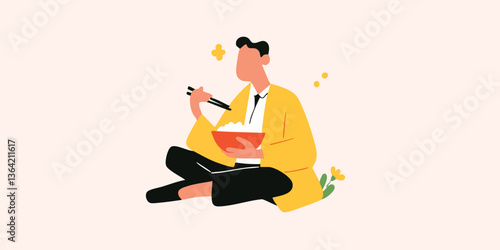 A man dressed in yellow savoring a bowl of food. A moment captured in an illustration with calm atmosphere.
