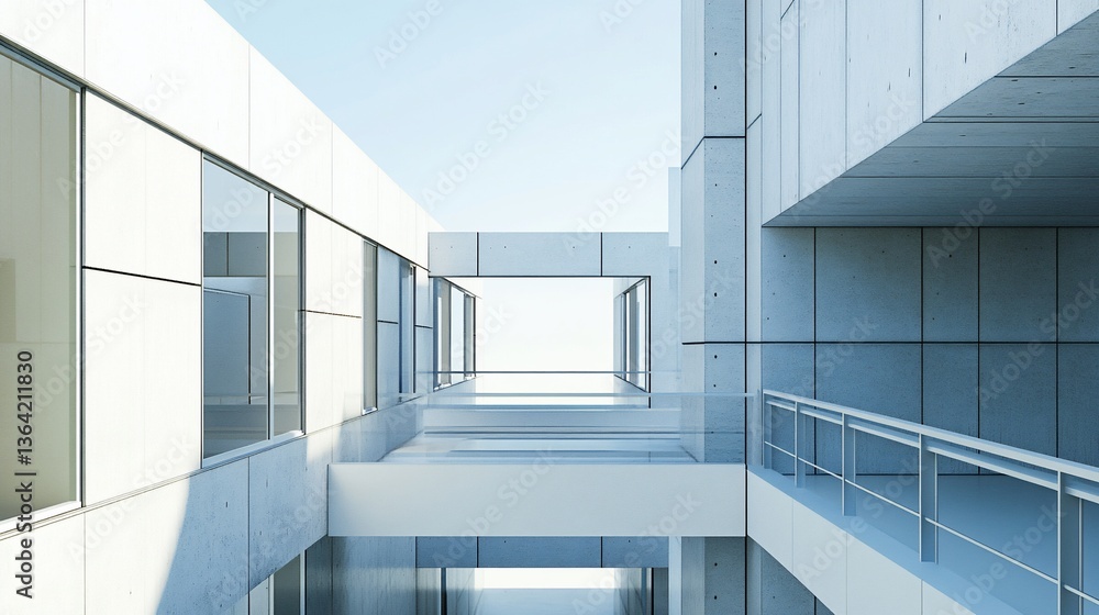 Obraz premium Modern, minimalist concrete building interior courtyard. Sunlight streams through large windows, showcasing a light-filled, open-plan, spacious, and airy architectural design.